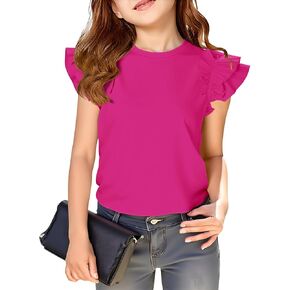 Haloumoning Girls T Shirts Double Layer Ruffle Short Sleeve Kids Summer Crewneck Tunic Tee Tops 5-14 Years