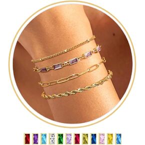 Sanfenly Gold Birthstone Bracelets for Women Waterproof Non Tarnish Dainty 14K Gold Plated Stackable Bracelet Emerald Green Friendship Bracelets Jewelry Gift for Mom in Kuwait