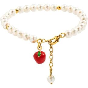 Cute Red Apple Pearl Beaded Charm Bracelet Lovely Sweet Fresh Tropical Fruit Green Leaf Adjustable Handmade Pearls Beads Chain Link Bracelets Summer Christmas Holiday Jewelry Gifts for Women Her Daughter