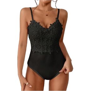 MakeMeChic Women's Guipure Lace Bodysuit Floral V Neck Sleeveless Going Out Leotard Tops