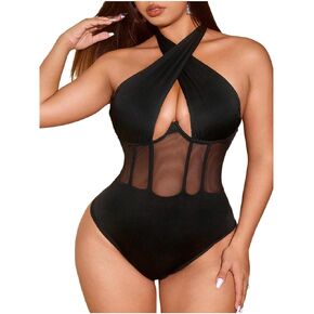 OYOANGLE Women's Plus Size Corset Bodysuit Cut Out Criss Cross Halter Sheer Body Suit Top