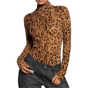 Wdirara Women's Leopard Mesh See من خلال Turtle Neck Long Sleeve Bodysuit Top