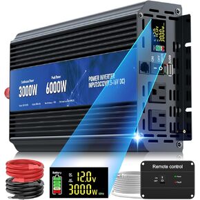 3000W WELVERTER ، PEAK POWER 6000W 12V DC إلى AC 110V120V ، والتحكم عن بعد مع 2AC منافذ ومنفذ 2.4USB ، شاشة LED لمحول الطاقة ، والأنشطة الخارجية ، والطوارئ ، نظام الشاحنة RV Solar System