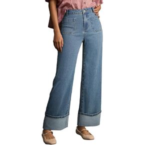 EVALESS Womens Jeans High Waisted Stretchy Cuffed Wide Leg Denim Pants with Pockets