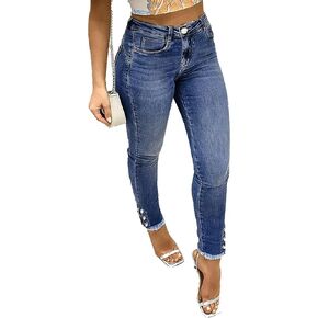 Flamingals Women's Button Side Raw Hem High Waist Skinny Jeans