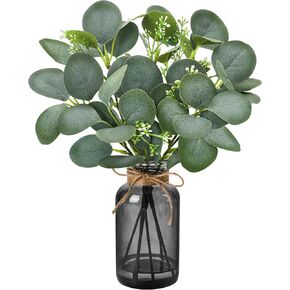 Der Rose 13.5" Fake Plants for Black Bathroom Decor Artificial Eucalyptus Stems in Black Glass Vase with Faux Water for Office Desk Accessories Home Table Centerpiece Decor（Sage Green）