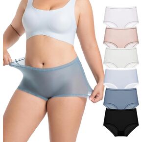 Mcool Mary Women's Underwear，Sheer Panties,Mid-High Waisted Ladies Briefs,Full Coverage,Thin Silky Cool Nylon Briefs with Lace 6 Pack