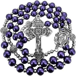 8mm Glass Pearl Rosary Beads Catholic Necklace for Women Pardon Cross Crucifix Our Lady of Grace Medal Rosaries for Men Religious Gift Pouch & Prayer Card