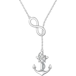 FLYOW Anchor Infinity Y Necklace for Women 925 Sterling Silver Adjustable Lariat Style Necklace Nautical Jewelry for Mother Daughter Sister Birthday Graduation Gifts