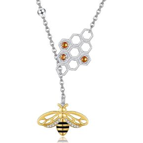 Bee Necklace 925 Sterling Silver Honeycomb Pendant Y Long Adjustable Necklace Bee Jewelry Gift for Women
