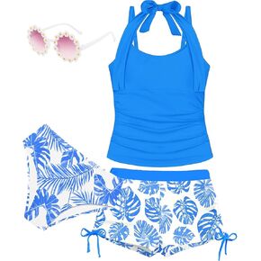 Minggo Girls Swimsuit 4 قطعة بدلة السباحة Halterneck Teen Girls Tankini مجموعات السباحة مع النظارات الشمسية لمدة 8-15y