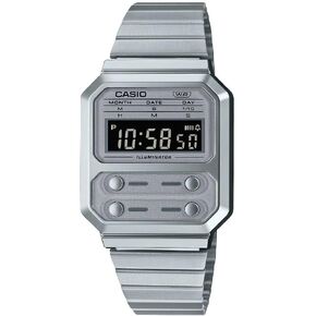 Casio A100WE-7B Men's Vintage Collection Silver Tone Tone Alarm Chronograph Backlight Digital Watch