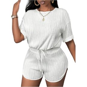 Floerns Women's 2 Piece Outfit Textured Drawstring Hem Tee Shirts and Track Shorts Set