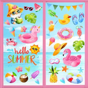 Yovkky Hello Summer Window Clings 4 Sheets, Tropical Gnome Flamingo Swim Rings Sun Ice Cream Popsicle Stickers Decals Decor, Hawaii Fruit Juice Flip Flops Hat Ball Home Kitchen Decorations