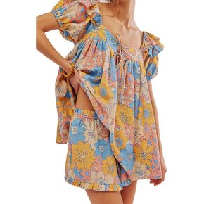 NUFIWI Women Floral Babydoll Tops 2 Piece Lounge Sets Square Neck Puffy Short Sleeves Peplum Shirt and Shorts Pajams Suits