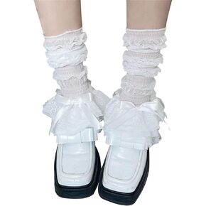 Womens Knee High Socks With Lace Bowknot, Long Stockings, Sexy Leg Warmer, Loose Nylon Socks