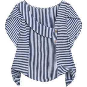 Women's Plus Size Striped Blouses Tops Petal Sleeve Asymmetrical Neck Button Front Shirts