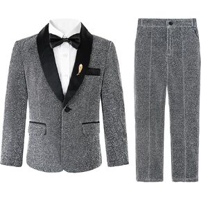 LOLANTA 4Pcs Boys Shiny Suits, Formal Tuxedo Kids Glitter Performance Blazer and Pants with Shirt for Christmas 5-12 Years