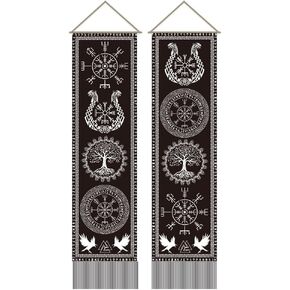AHANDMAKER 2pcs Viking Symbol Tapestry, Tree of Life Rune Vertical Wall Hanging, Mythology Rune Tassel Wall Tapestry for Bedroom and Living Room (45.7x13 Inch)