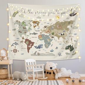 Liangw Kids World Map Map Tapestry Wall Hanging ، القارات الحيوانية للحياة البرية الجغرافيا التعليمية التعليمية جدار بطانية ديكور للفصول الدراسية طفل غرفة حضانة ، 50 × 60 بوصة