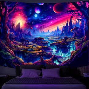 Simpkeely Fantasy Planet Tapestry ، Blacklight Forest Landscape Natural Landro الجدار الجمالي المعلق ، أشجار غروب الشمس التفاعلية للأشعة فوق البنفسجية لغرفة النوم ، غرفة المعيشة - 44 "× 59"