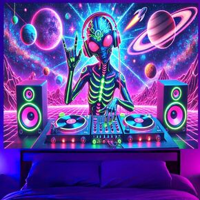 Blissyard Blacklight Tapestry UV الفطر التفاعلي تفرس الخيال الجبال غابة المناظر الطبيعية الغامضة غابة القمر ليلة النيون زهرة الجدار معلقة في الخلفية المظلمة 59 "× 80"