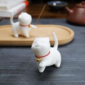 Cute Ceramic Cat Incense Stick Holder, Incense Burner Set, Large Beechwood Ash Catcher Copper Incense Stand Incense Sticks Brush, Meditation Yoga Massage Work Read Home Decor (A, A-White)