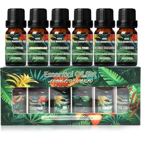 Essential Oils Set,6 Pack/10ml Pure Essential Oils for Diffusers for Home (Tea Tree, Lemongrass, Orange, Eucalyptus, Mint, Lavender) Fragrance Aromatherapy Oils Gift