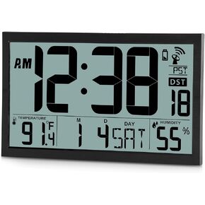 Amgico Digital Wall Clock,10.5" Large Display Atomic Clock, Battery Operated,Digital Calendar Auto Setting with Indoor Temperature, Humidity,Date,Day,Auto DST Desk Clock for Elderly Bedroom Classroom