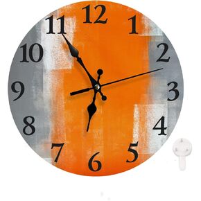 LOKMU Silent Non Ticking Clock 10 Inch,Round Wall Clock,Decorative for Living Room, Kitchen, Home,Bathroom, Bedroom, Office or School Grey and Orange Abstract Art Painting (Grey and Orange)