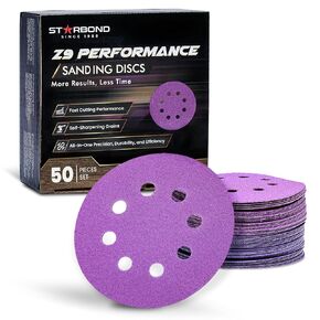 5 inch Premium Ceramic Alumina Sanding Discs — Self-Sharpening Grits — Faster Sanding in Less Time, More Cutting Power — 8 Hole Hook and Loop for Wood, Metal, Auto Body, 50 Pack (Grits 80,120,180,240)