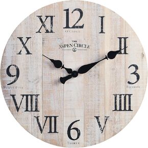 Elias Wall Clock, White 24 Inch Round Solid Wood Roman Numeral Nautical Decor for Living Room, Kitchen