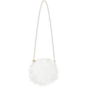 Crossbody Bag Plush Pearl Chain Cellphone Purse Small Fuzzy Shoulder Pouch for Women Ladies Girls - White