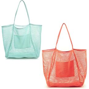 Mesh Beach Tote Womens Shoulder Handbag (Ice Blue, Coral)