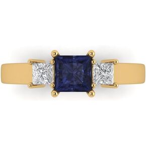 Clara Pucci 1.11 ct Princess Cut Created Blue Sapphire 14k Yellow Gold Three-Stone Wedding Engagement Bridal Promise Ring