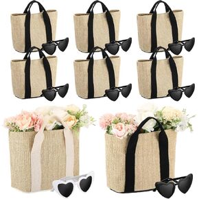 8 Set Wedding Jute Bridesmaid Gift Bag with Heart Shaped Sunglasses Straw Bags for Women Woven Beach Bag with Handles Reusable Bride Tote for Bachelorette Engagement Party