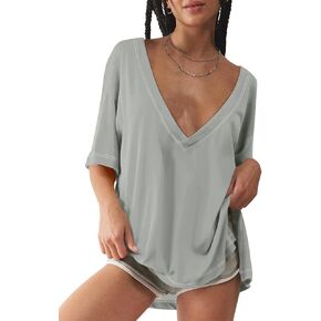 Tankaneo Womens Oversized Tshirts Deep V Neck Short Sleeve Tops Summer Casual Loose Fit Side Slit Tunic Shirts