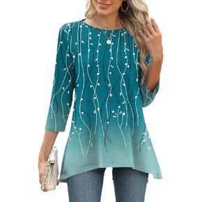 LOMON 3/4 Sleeve Tunic Tops for Women Loose Fit Dressy Casual Blouse Flowy Shirts to Wear with Leggings S-3XL