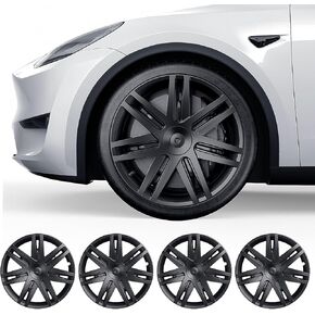 أغطية عجلات 19 بوصة لطراز Tesla Y 2020-2024 ， تغطية تغطية كاملة الحافة متوافقة مع مجموعة Tesla Model Y من 4 ، مواد ABS الوعرة ， المخبوزة ， أسود مشرق ، （فقط للنموذج القديم）