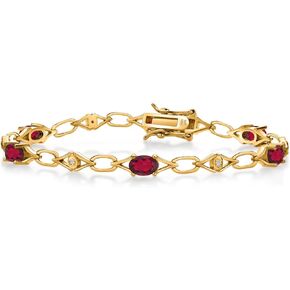 Gem Stone King 18K Yellow Gold Plated Silver Ruby Red Mystic Topaz and Round White Lab Grown Diamond Tennis Bracelet For Women (3.04 Cttw, Gemstone Birthstone, Oval 6X4MM, 7.25 Inches)