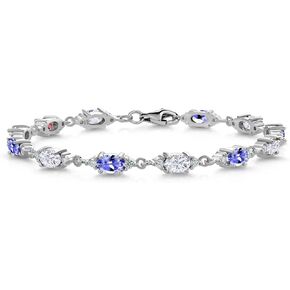 Gem Stone King 925 Sterling Silver Customized and Personalized 6X4MM Oval Gemstone Birthstone and White Moissanite Tennis Bracelet For Women | 6.5, 7, and 7.5 Inch