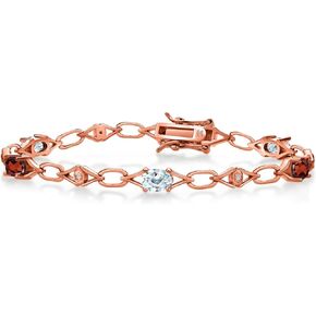 GEM Stone King 18K Rose Gold Silver Sky Blue Aquamarine and Red Garnet and Round White Lab Barched Diamond Tennis Pracelet for Women (