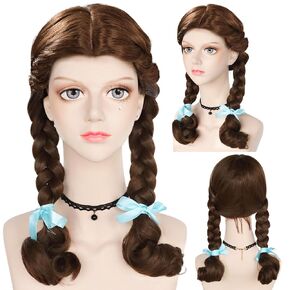 ANOGOL Wig Cap+(2 Blue Ribbons) Brown Long Wig with Double Braided Wigs for Princess Wigs with Middle Part Bangs Princess Outfit for Cosplay Costume Halloween Party