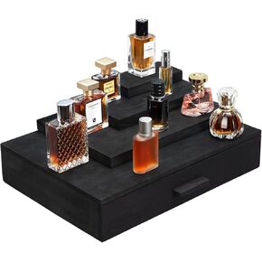 Cologne Organizer for Man, Wood Perfume Organizer, 4 Tier Cologne Stand, Large Capacity Dustproof Perfume Holder with Drawers and Compartments for Watches, Jewelry, Perfume Display Riser