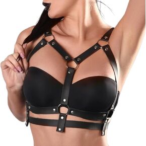 Punk Black Leather Chest Harness Women Fashion Adjustable Strap Body Harnesselt Waist Body Chain Belts,Goth Party Rave Caged Bra Harness, Women'S Chains Festival Club Party Rave Accessories