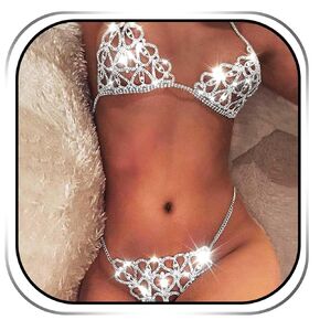 REETAN Rhinestone Lingerie Body Chain Set Silver Crystal Underwear Suit for Women
