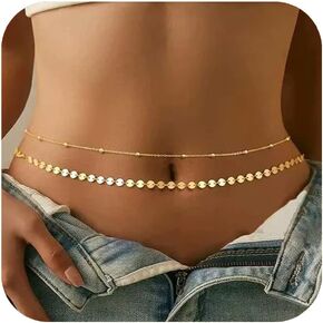 Double Layer Gold Waist Chains for Women Gold Waist Beads Chain Belly Belt Body Chains Waterproof Adjustable Sexy Beach Bikini Body Jewelry
