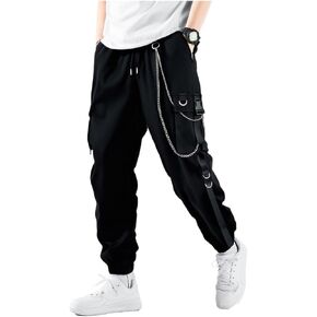 GORGLITTER Men's Chain Cargo Pants Flap Pocket Drawstring Waist Long Street Pants