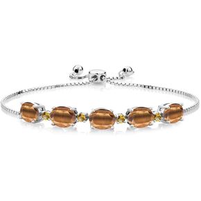 GEM Stone King 6.53 CTTW Oval 8x6mm Brown Tiger Eye and Round 2.5mm الأصفر السترين سوار الفضة الاسترليني للنساء | سوار بولو قابل للتعديل للنساء | سهل الإيقاف