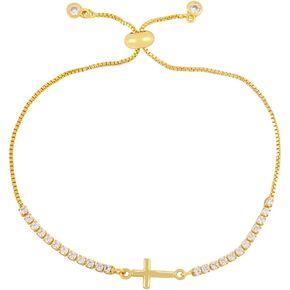Gold Plated Cross Tennis Bracelet Crystal Cubic Zirconia Faith Blessed Adjustable Link Chain Slider Bracelets Delicate Jewelry Gifts for Women Prayer